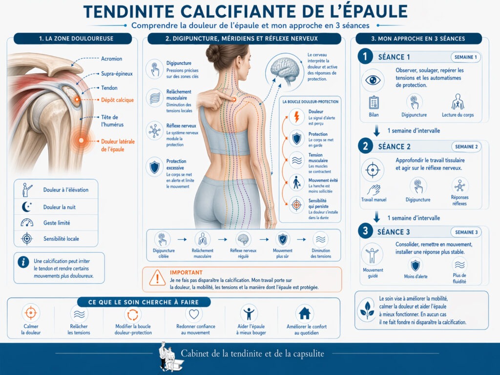 Illustration du lien entre excès de calcium (parathyroïde) et dépôts calcaires dans les tendons de l'épaule.