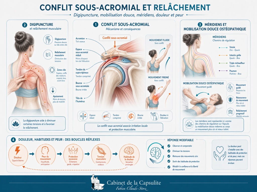 Illustration médicale en français sur le conflit sous-acromial montrant l’épaule anatomique, la réduction de l’espace sous-acromial, la digipuncture pour le relâchement musculaire, le trajet des méridiens sur l’épaule, la mobilisation douce ostéopathique et le lien entre douleur, peur et habitudes de protection.