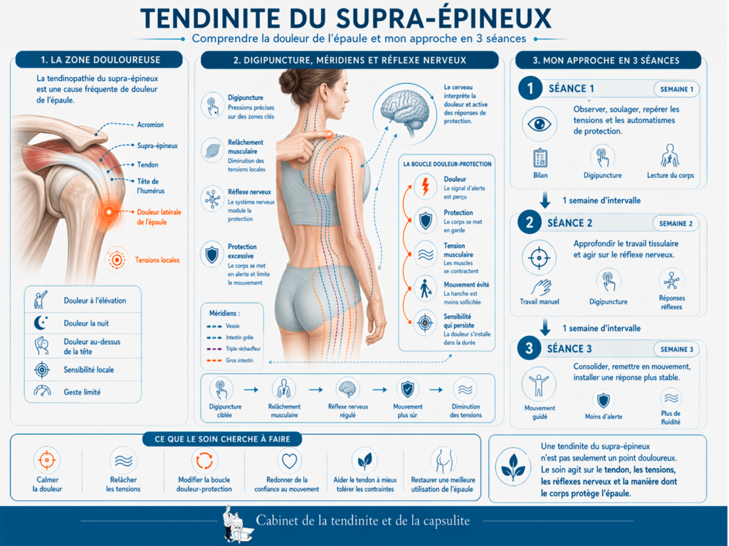 Schéma de l'épaule montrant le tendon du supra-épineux passant sous l'acromion avec zone d'inflammation.