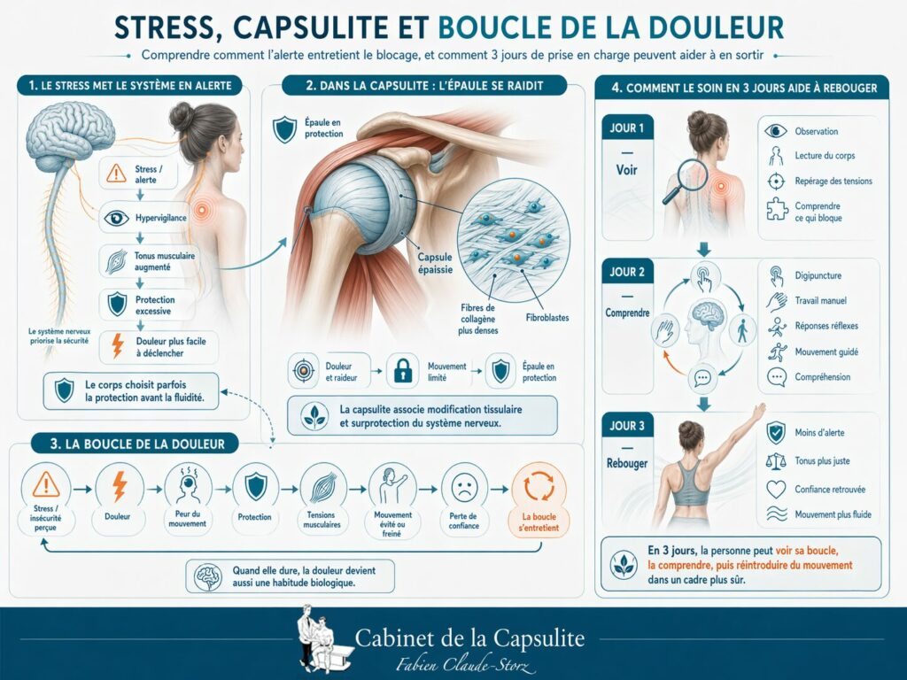 Infographie sur les causes émotionnelles de la capsulite rétractile et l'impact du burn-out