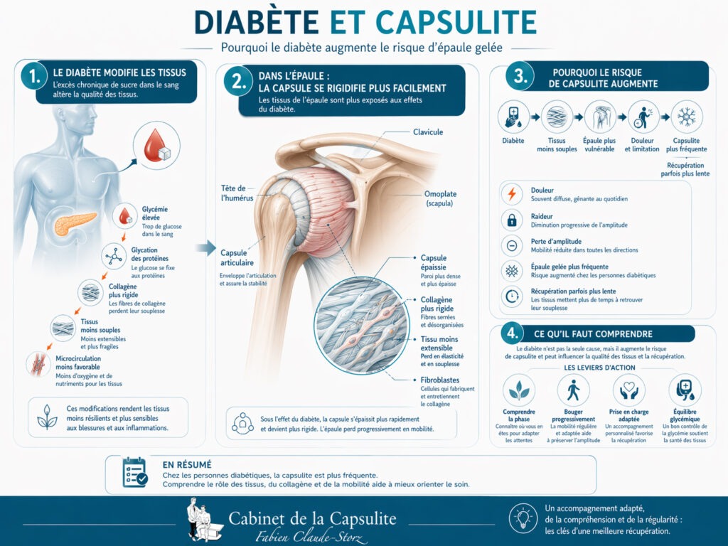 Schéma expliquant la glycation de la capsule de l'épaule chez le patient diabétique et les 3 phases de la capsulite.