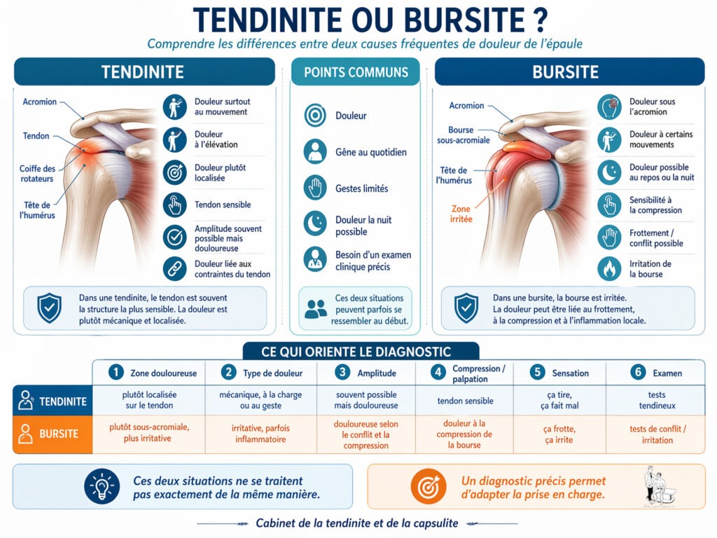Illustration médicale montrant l'inflammation de la bourse sous-acromiale (bursite) et du tendon supra-épineux (tendinite)