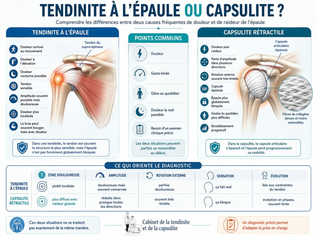 Schéma comparatif tendinite vs capsulite de l'épaule — tests de mobilité