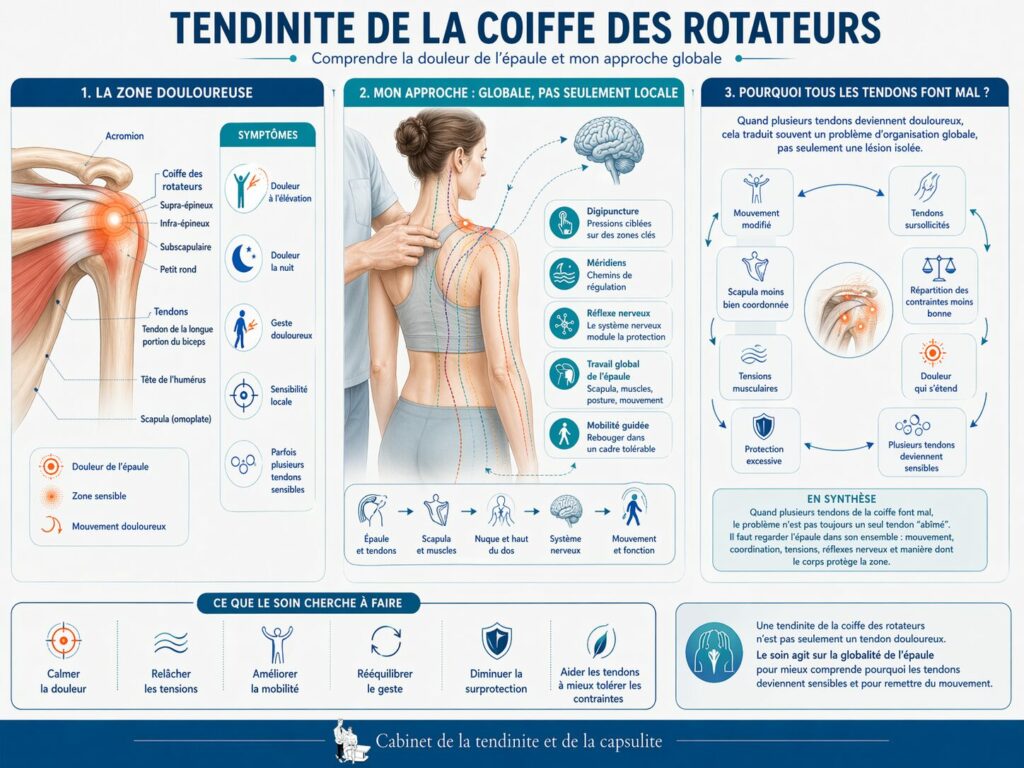 Schéma des quatre tendons de la coiffe des rotateurs montrant une inflammation du supra-épineux et de l'infra-épineux.